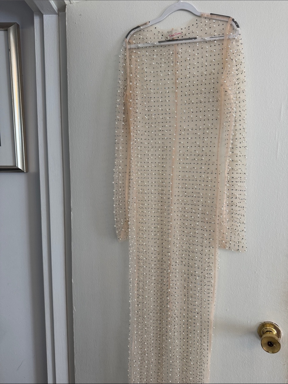 Beach Bunny Nude Sheer Crystal-Embellished Long Sleeve Maxi Dress